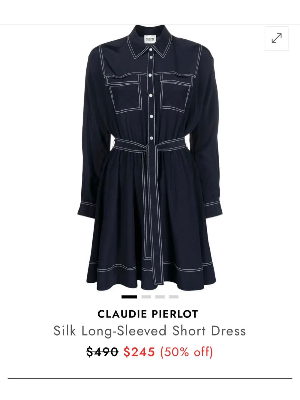 Claudie Pierlot Navy Silk Long-Sleeve Midi Dress with Contrast Stitching